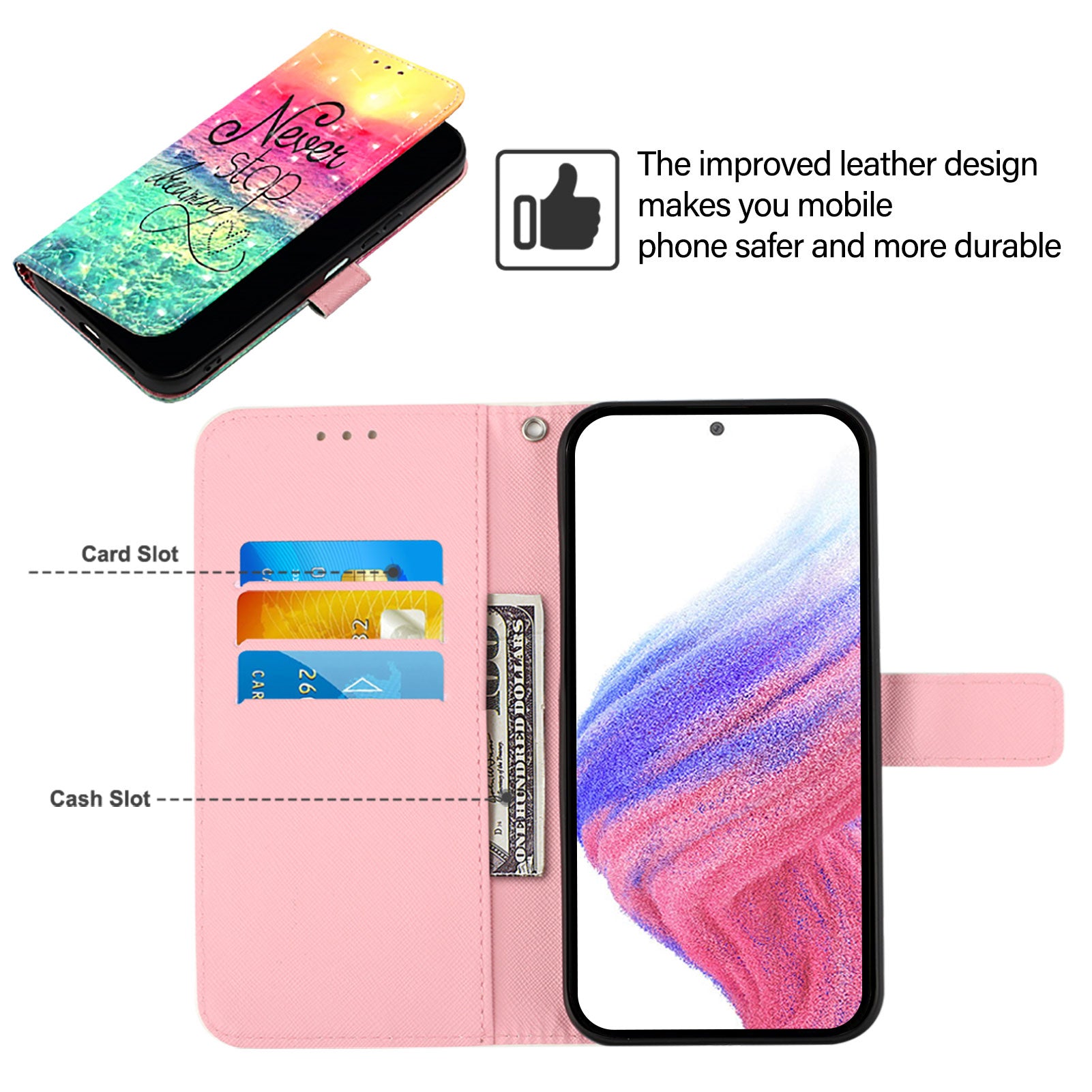 For Samsung Galaxy A16 5G / A16 4G Leather Case YB Pattern Printing Leather Series-2 Pattern Printing Wallet Stand Cover - Never Stop Dreaming For Samsung Galaxy A16 5G / A16 4G Leather Case YB Pattern Printing Leather Series-2 Pattern Printing Wallet Stand Cover - Never Stop Dreaming